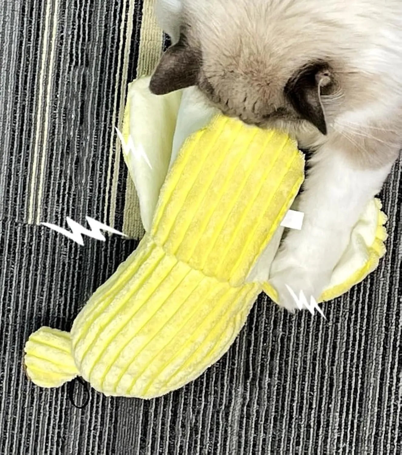 Yellow banana-shaped cat toy with crinkle paper and catnip for indoor feline play