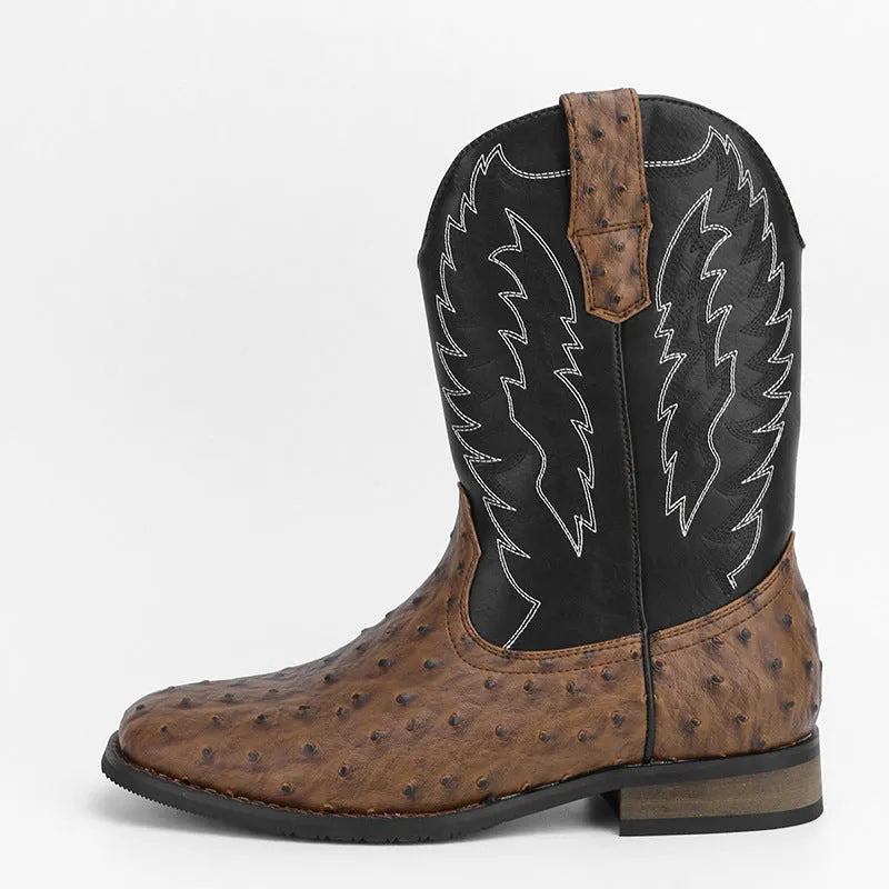 Men's black square toe Western motorcycle boots with low wedge heel and embroidery detail on artificial leather.