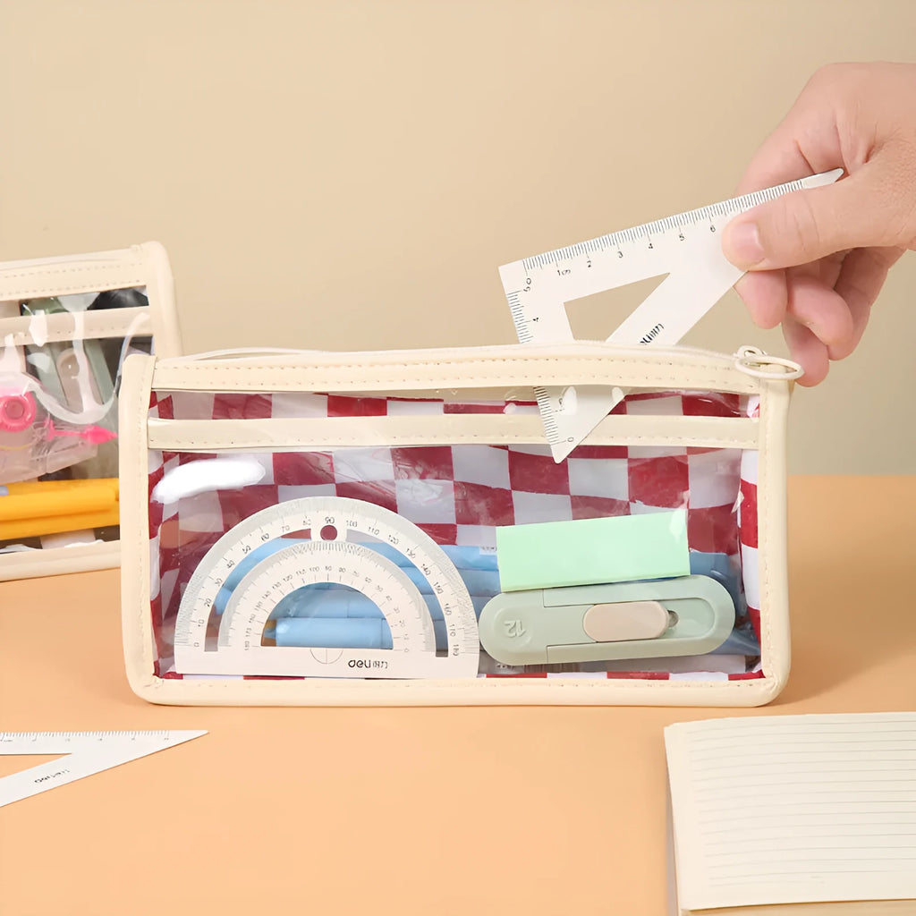 Transparent PVC pencil case with chessboard pattern showing pens inside