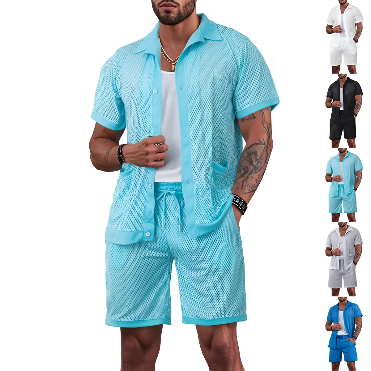 Hawaiian-style beach co-ord set with a white mesh dress over a light grey cardigan and shorts on a mannequin.