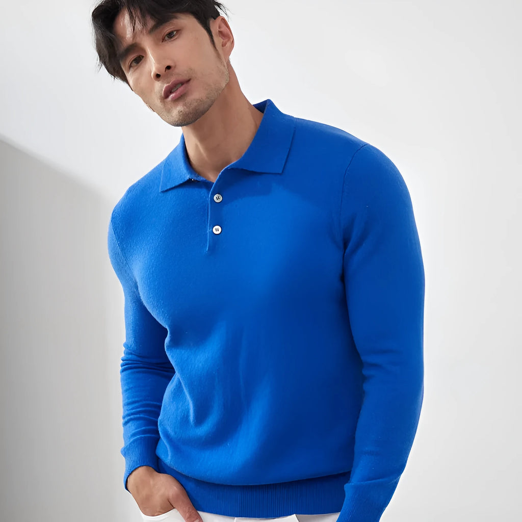 Men's cashmere pullover sweater with polo collar in loose fit, shown in sapphire blue colour