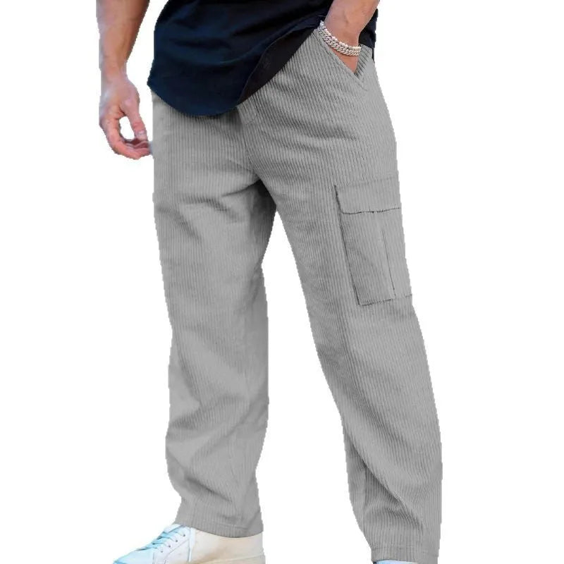 Men's corduroy cargo trousers in wide-leg straight cut with drawstring waist autumn casual pants