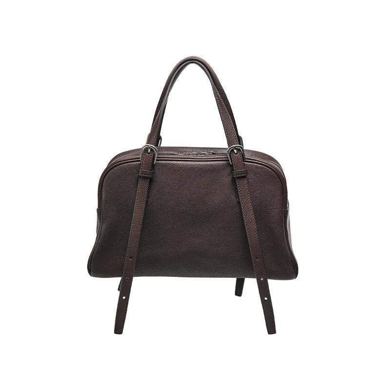 Women's retro genuine leather shoulder bag in horizontal square shape with double straps