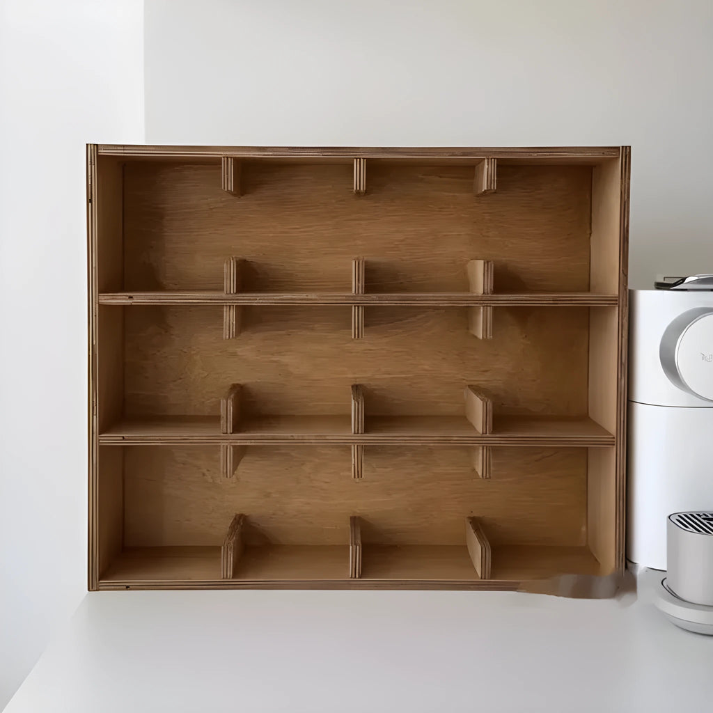 Solid wood square cup storage rack with multiple grid compartments in birch meridian colour