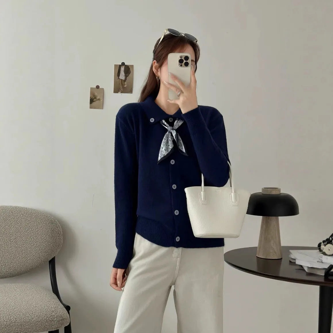 Women's lapel scarf sweater cardigan in acrylic fibre, shown in a neutral colour with long sleeves.