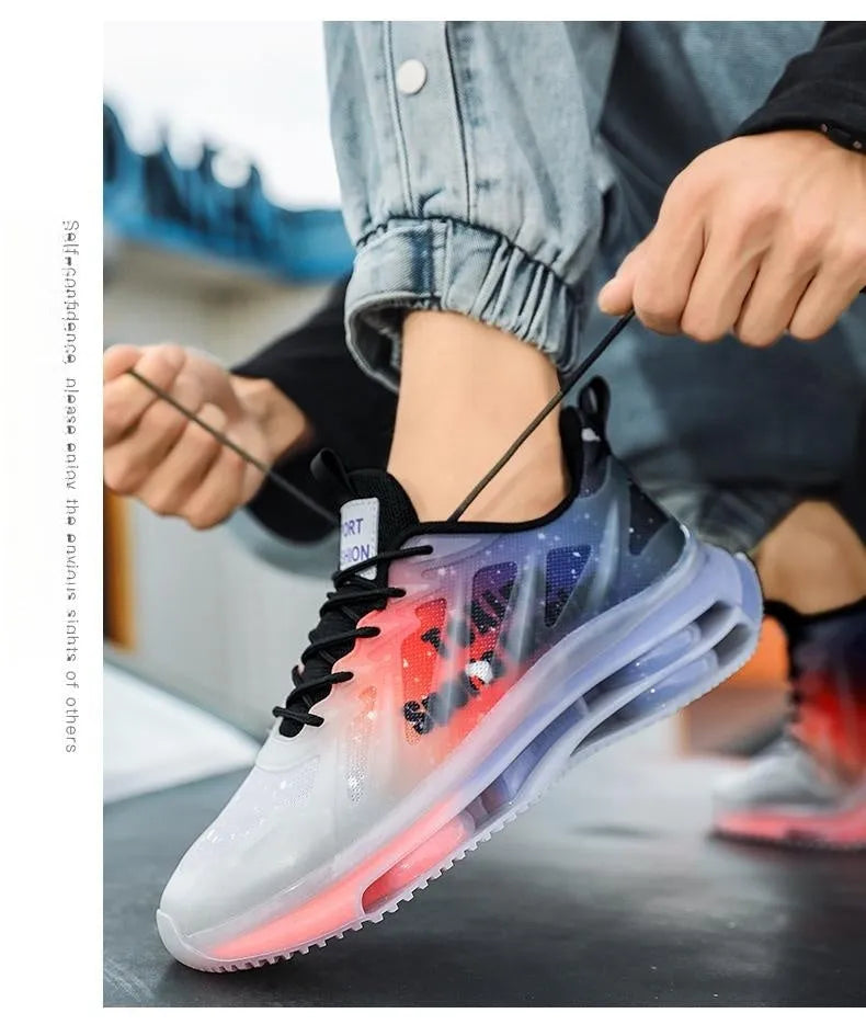 Men's platform sneakers with mesh upper in black green, gray green, and gray orange colours