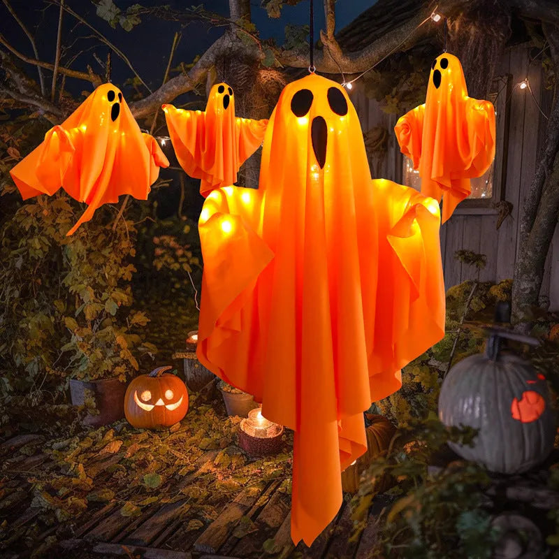 Luminous white Halloween ghost light decoration with cloth construction and 4.5V button electronics