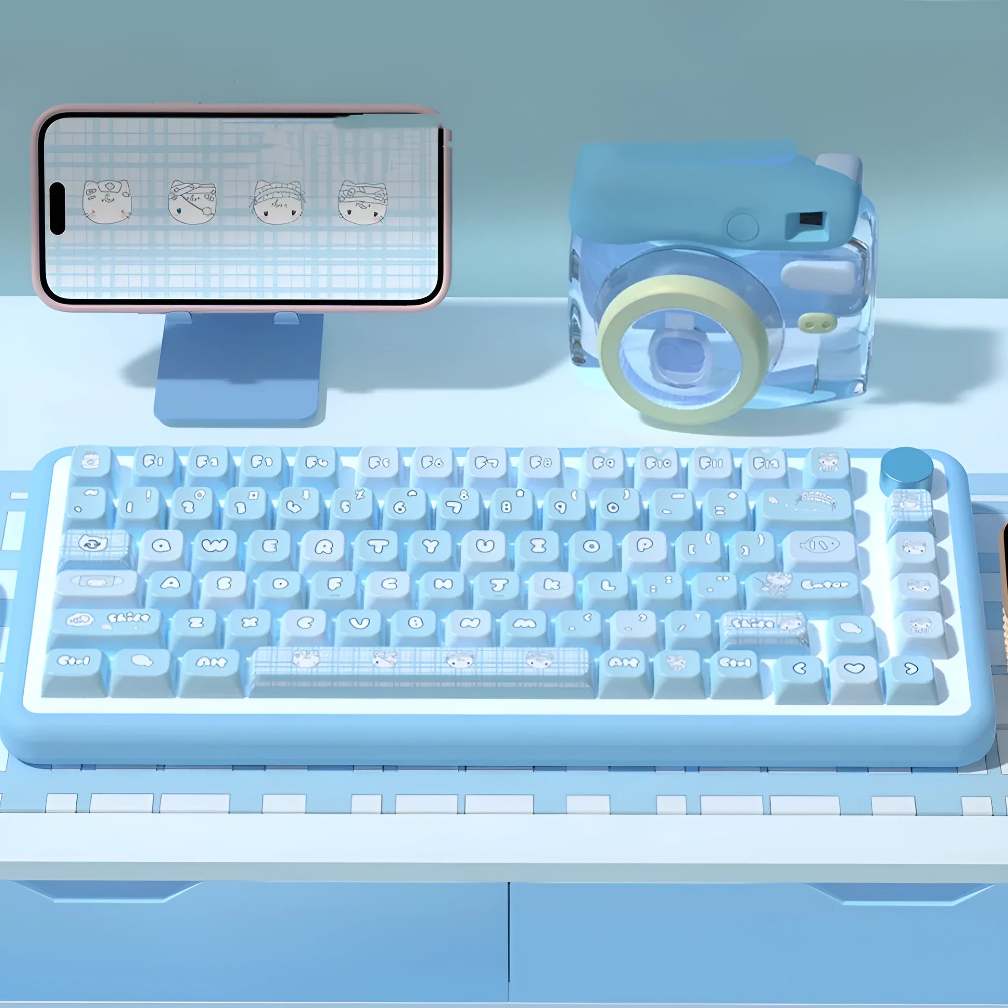 Watercolor kitten themed custom mechanical keyboard keycaps with sublimation printing on PTB material