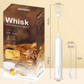 Mini handheld electric milk frother in black, white, or khaki with USB charging port