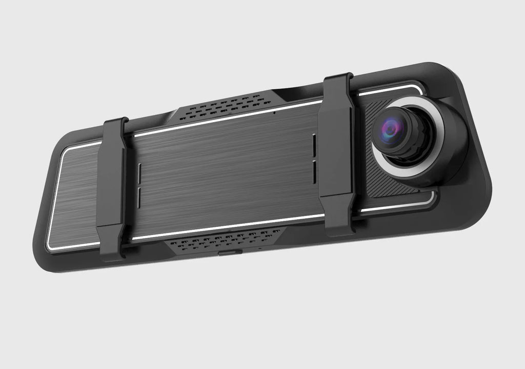 Dual-lens car driving recorder with 9.66 inch touch screen mounted on vehicle rearview mirror