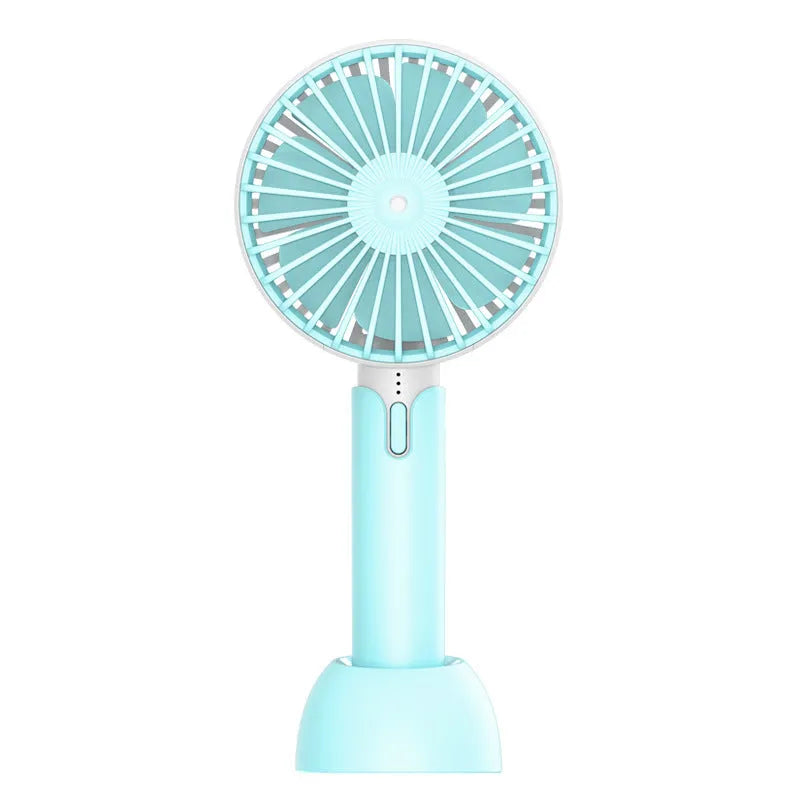 Blue USB-powered mini handheld fan with three-speed control and compact design
