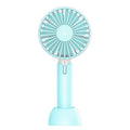 Blue USB-powered mini handheld fan with three-speed control and compact design