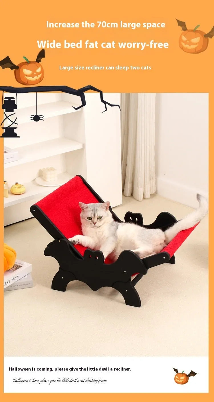 Black and red Halloween themed wooden cat recliner bed on elevated platform