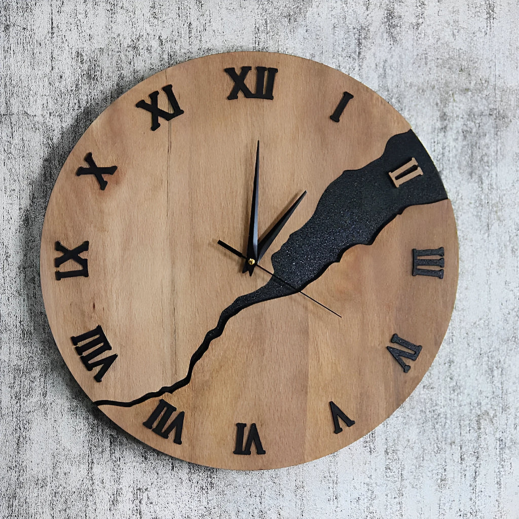 Modern wooden wall clock with a crackle texture finish shown in one of five available colour options.