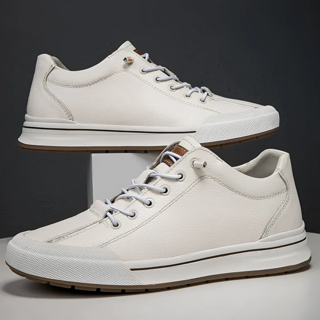 Men's white matte leather flat heel trainers with a round toe, shown in hollow-out, four seasons and velvet-lined options.