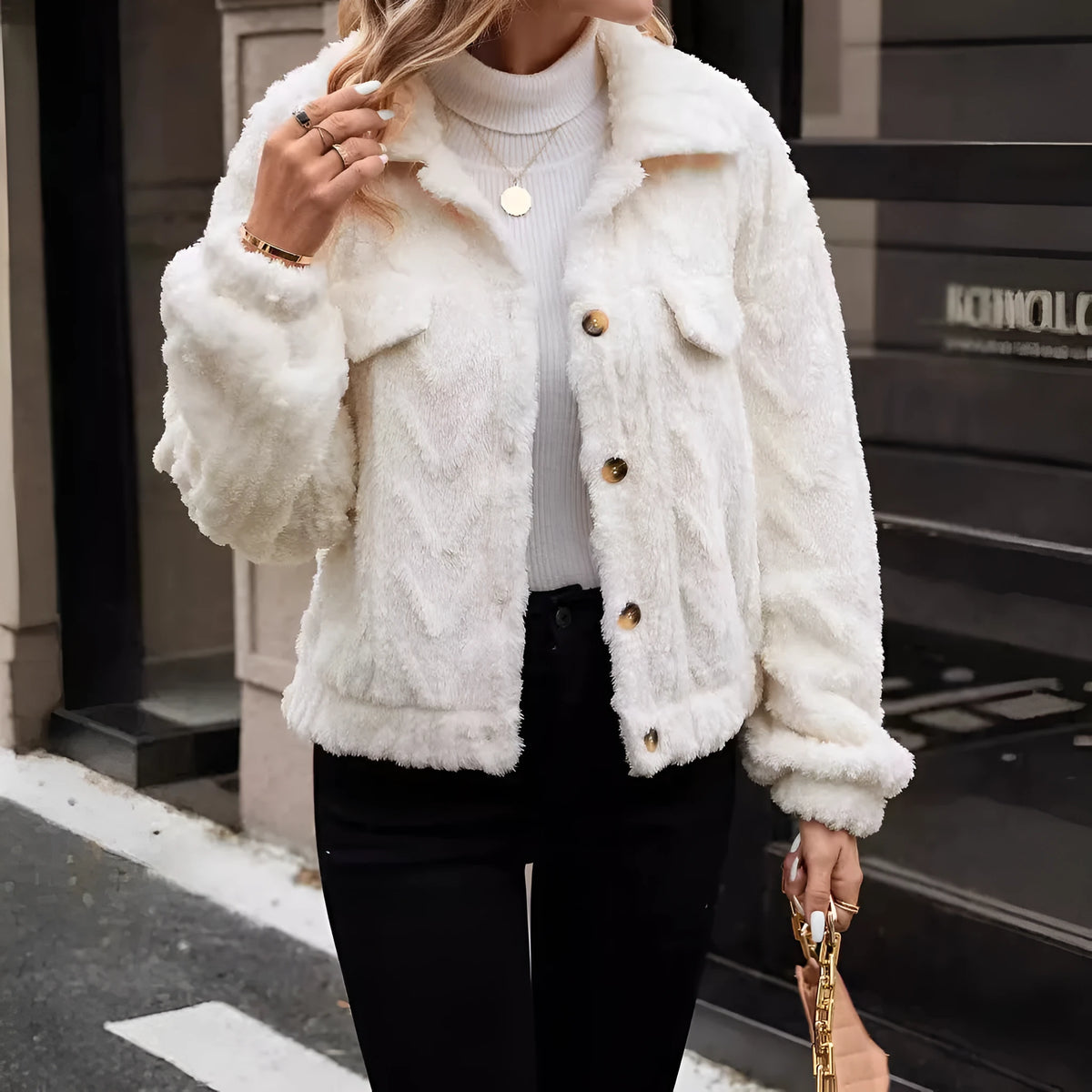 Ivory white women's plush cardigan coat with button front closure.