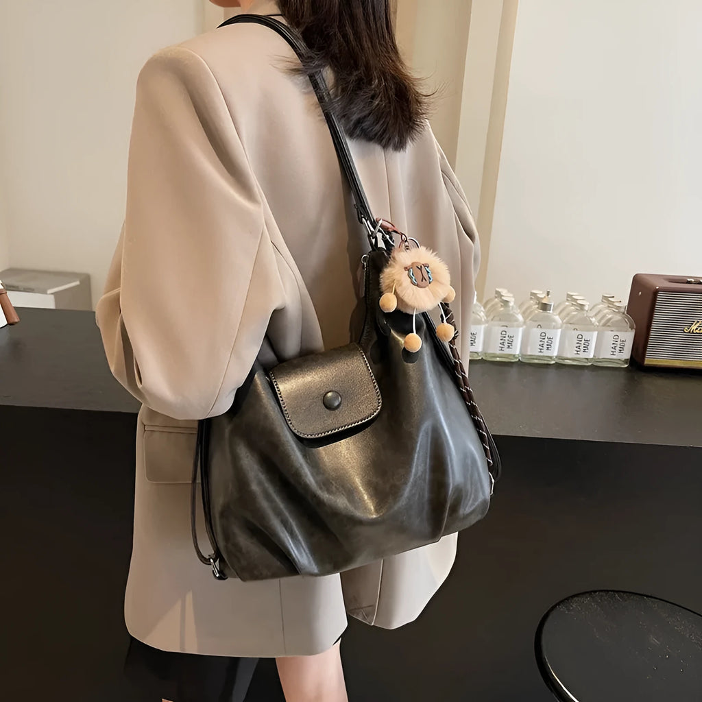 Large capacity PU leather commuter shoulder bag with mobile phone compartment in urban simplicity design