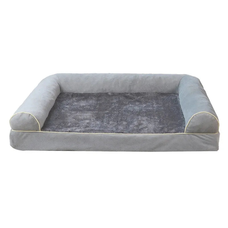 Square sponge dog bed in blue colour with removable cloth cover showing size dimensions