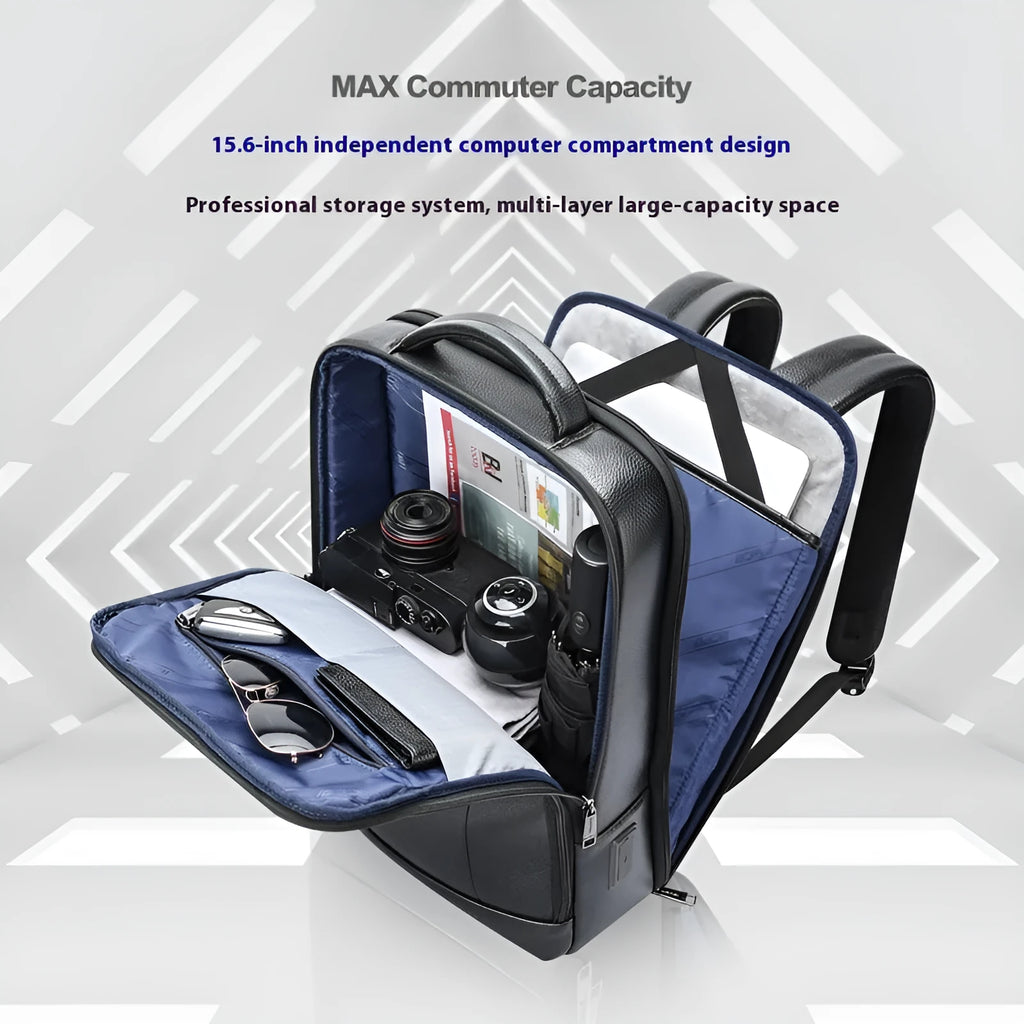 Black first-layer cowhide leather commuter backpack with USB interface and curved shoulder strap