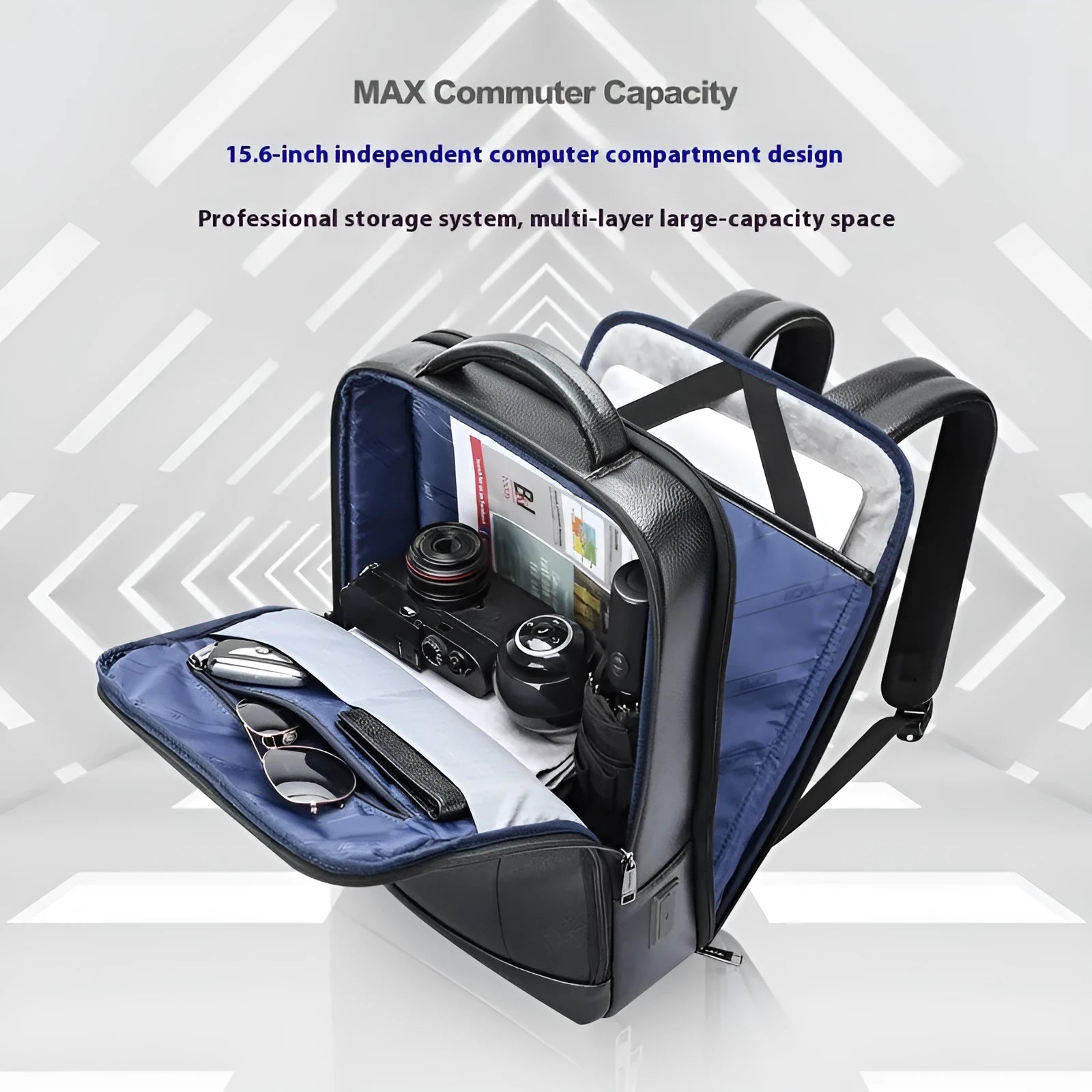 Black first-layer cowhide leather commuter backpack with USB interface and curved shoulder strap