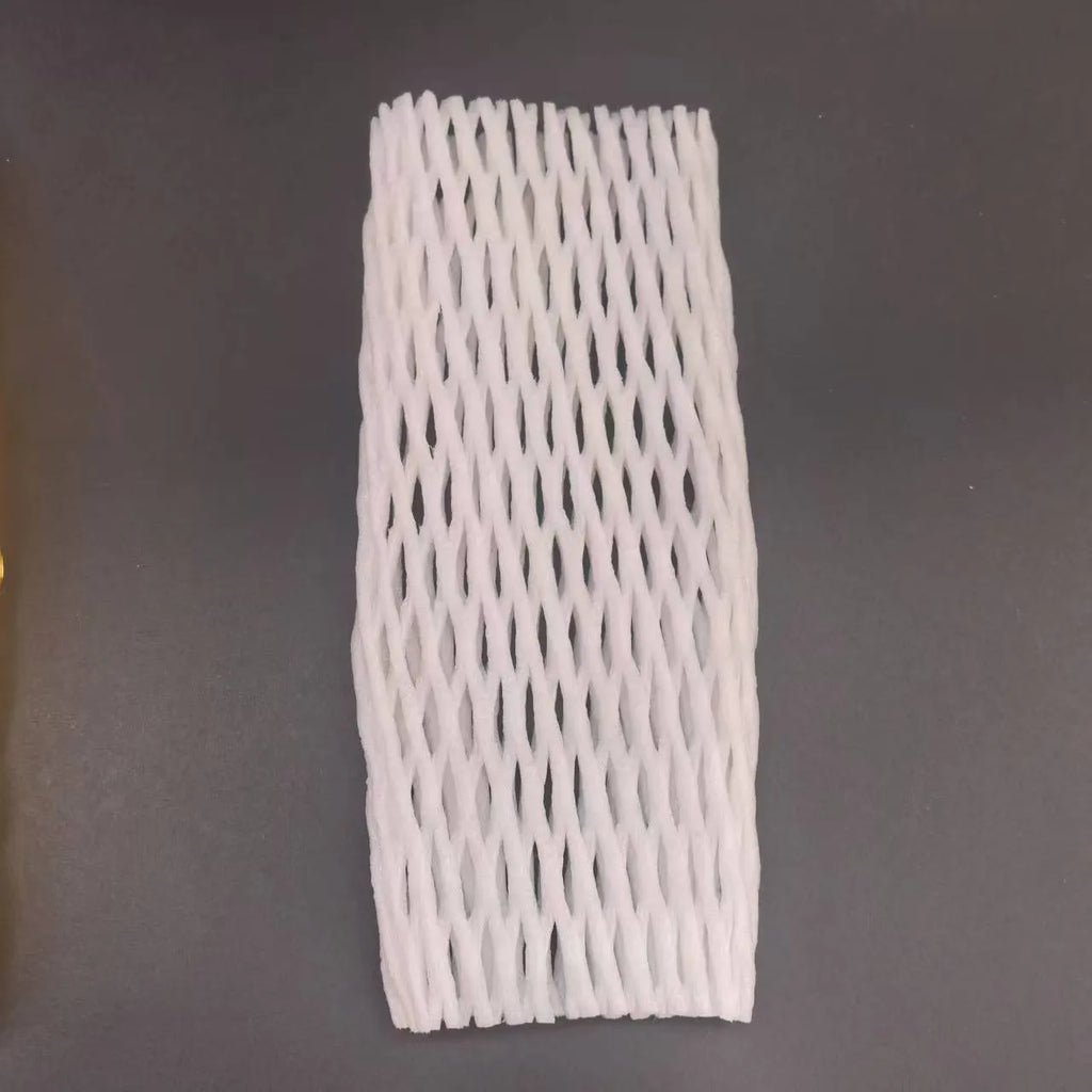 White foam fruit protection nets showing different sizes for apples, pears and peaches