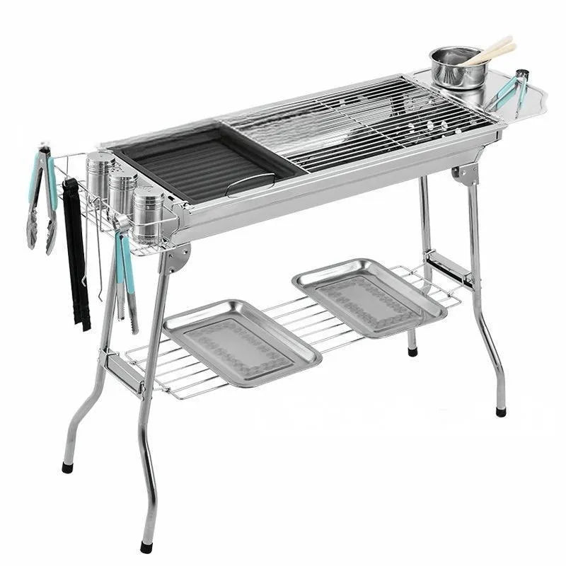 Stainless steel flip barbecue oven with charcoal grills and cooking nets