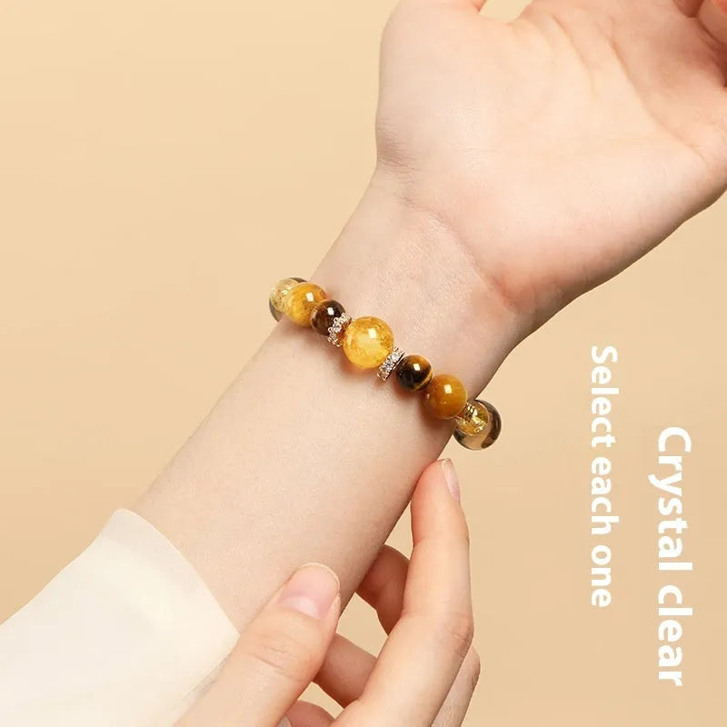 Lucky Jinba natural yellow crystal tiger-eye bracelet in geometric design, showing 10mm and 12mm size options