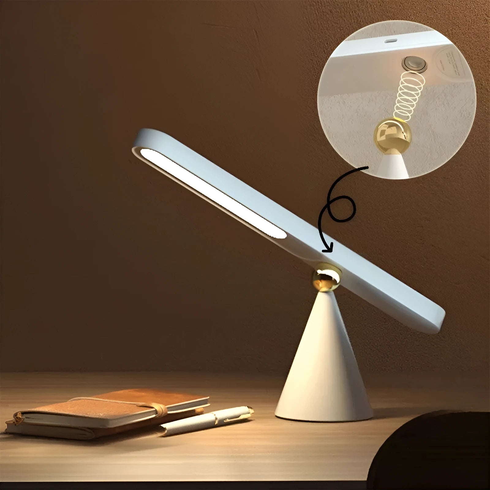 Geometric magnetic suction desk lamp with USB connection and touch controls in white colour