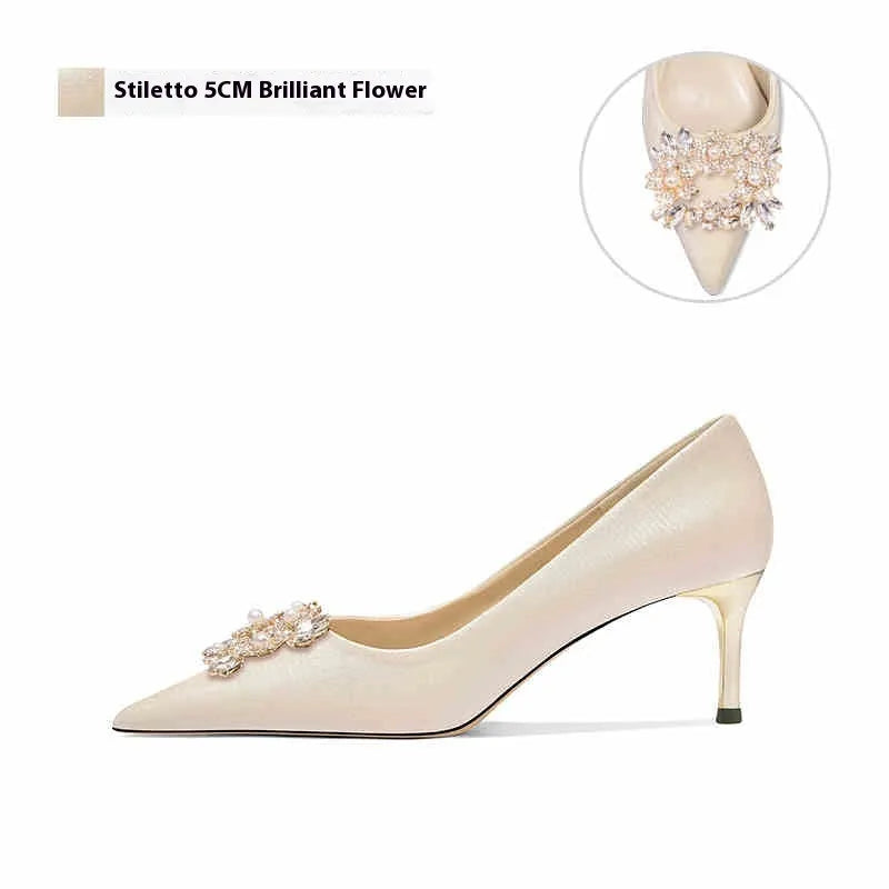 Rhinestone decorated women's high heel pumps in pointed toe style with cat heel or stiletto options.