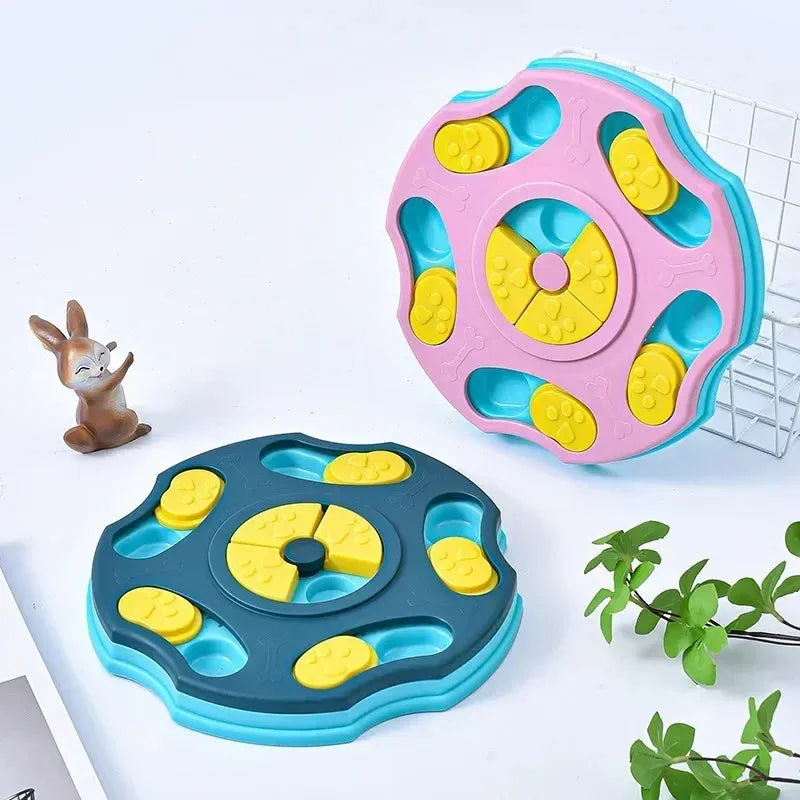 Blue and pink interactive dog puzzle feeder toy for slow eating and mental games