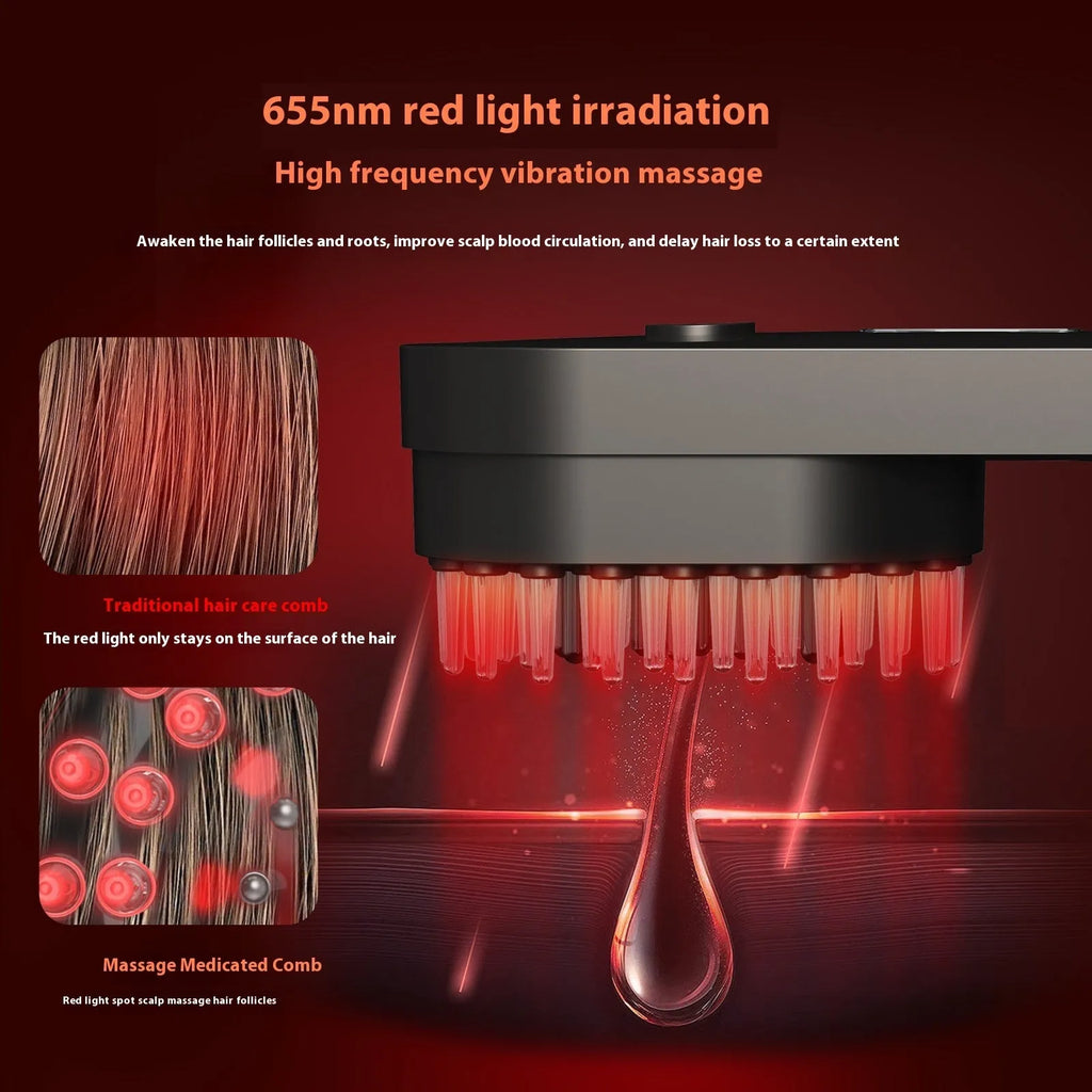 Smart massage comb with red light therapy in pink or black, measuring under 10cm