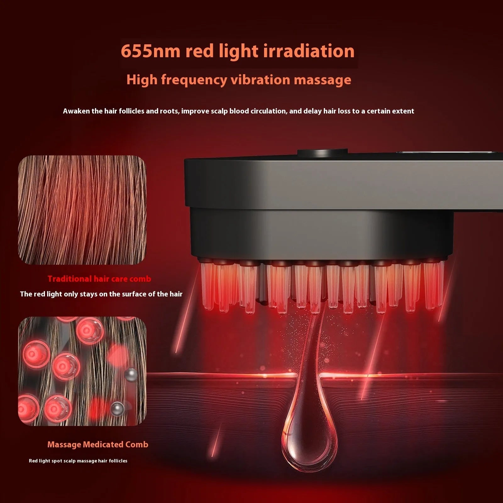Smart massage comb with red light therapy in pink or black, measuring under 10cm