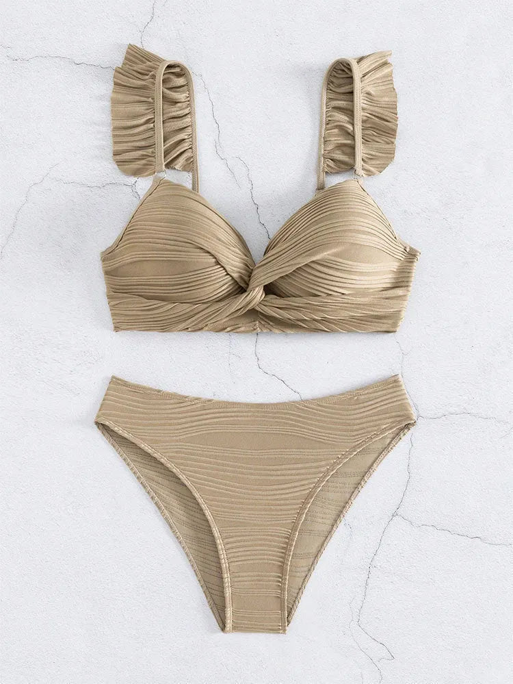 Women's solid colour bikini swimsuit in black or khaki, made from polyester fibre