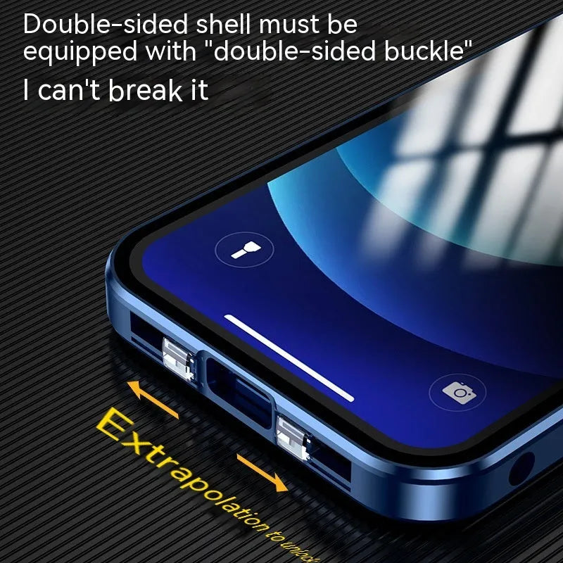 Glass privacy phone case with double-sided buckle, shown in one of five colour options: black, blue, gold, green, or silver.