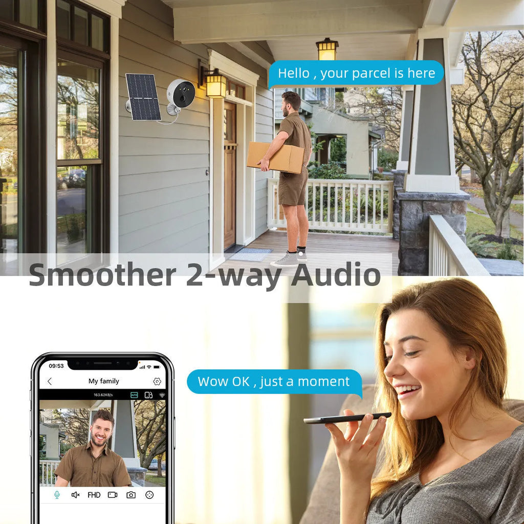 Outdoor solar-powered 1080P monitoring camera with solar panel for continuous battery charging