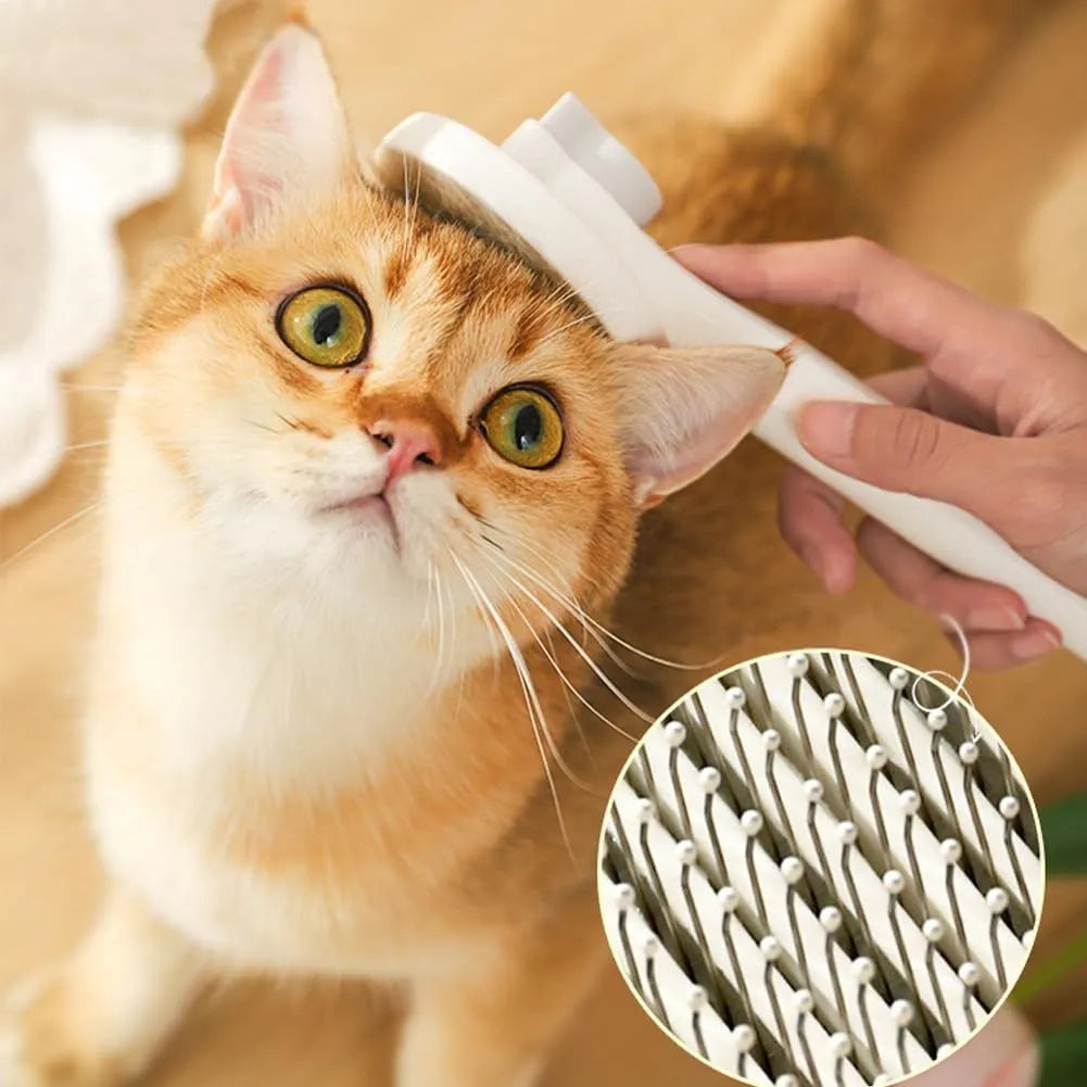 Blue self-cleaning cat grooming brush with rubber handle and round-tip needles.