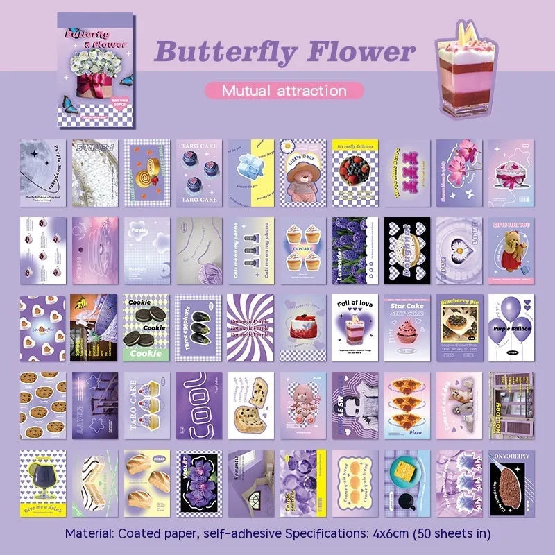 American retro cartoon style sticker book with multicoloured 4x6cm adhesive sheets.
