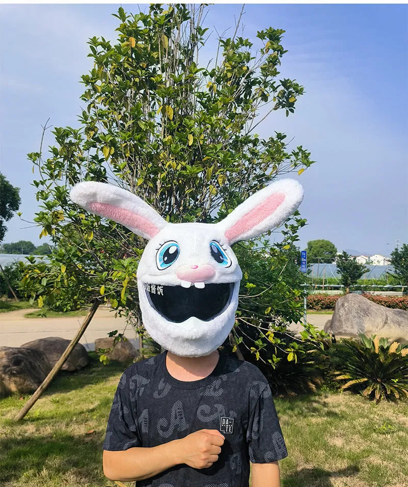 White rabbit head decorative cover with plush lining for electric motorcycle helmets