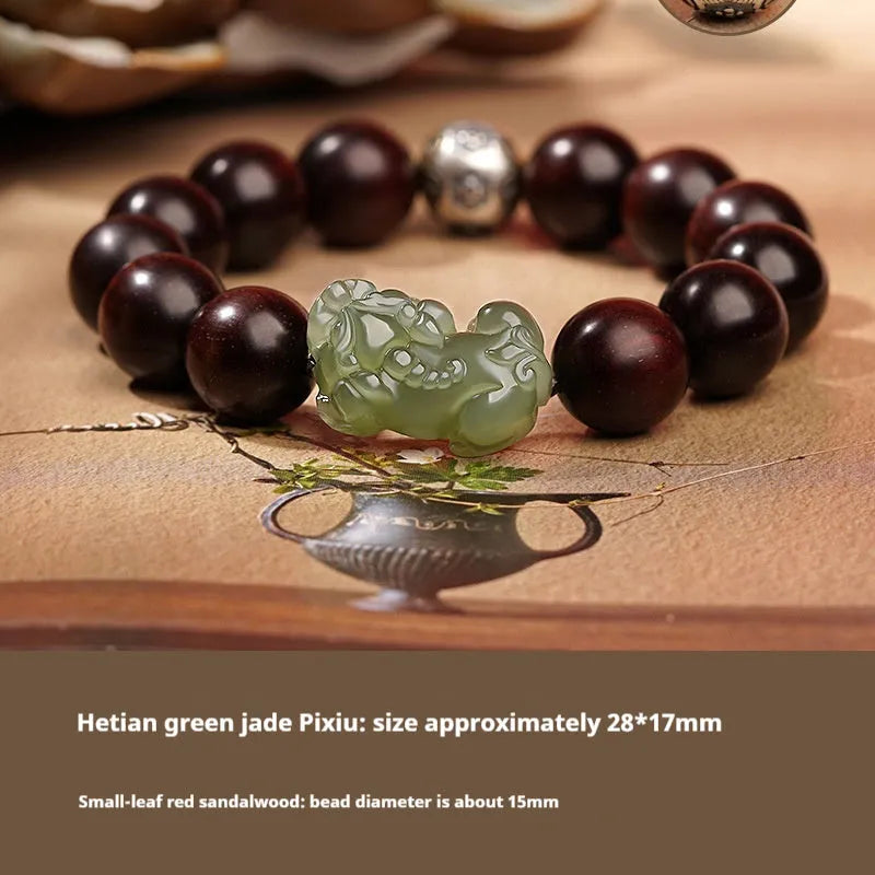 Hetian jade bead bracelet on a brown and black braided rope, shown in men's and women's styles.