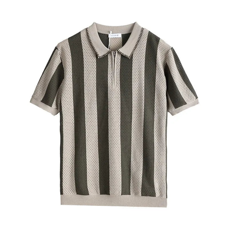 Man wearing a striped short sleeve ice silk sweater with a zipper detail in sapphire blue.