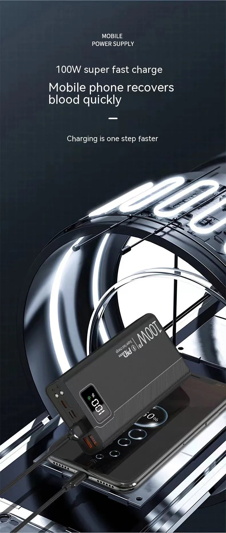 Black and white large capacity power bank with fast charging, showing size comparison