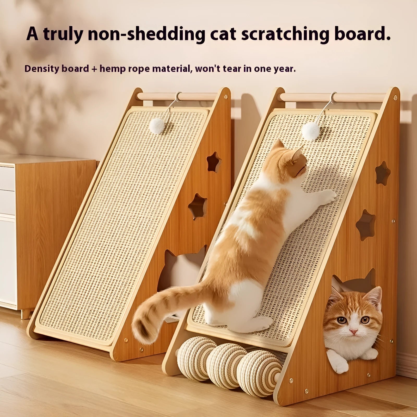 Vertical wall-mounted cat scratch board with sisal surface and hemp rope ball