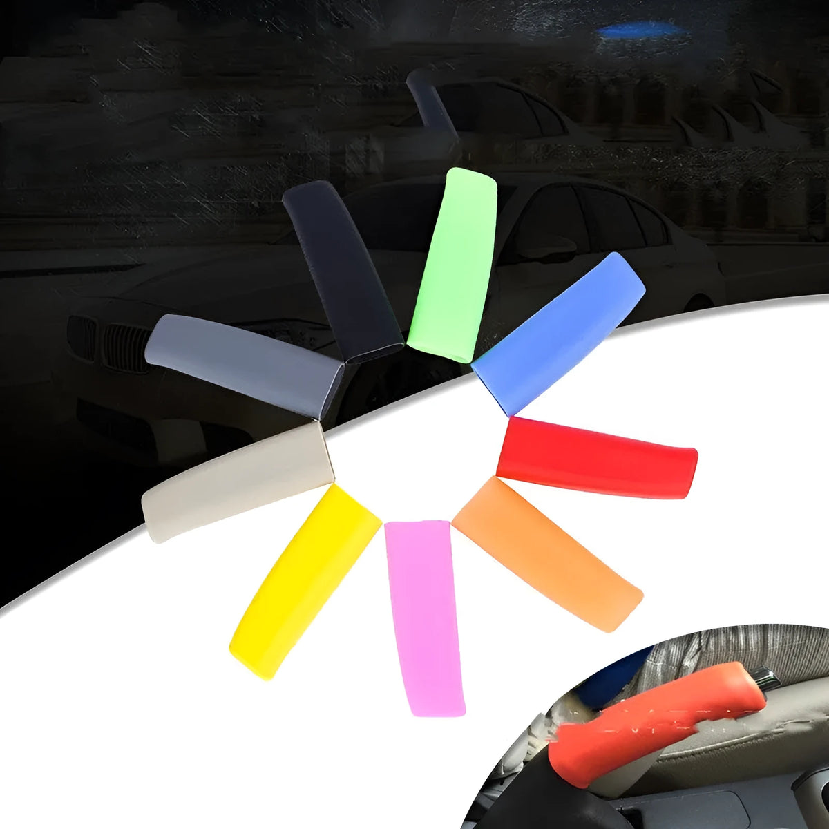 Universal silicone handbrake sleeve in five colour options showing 12cm length for vehicle interior