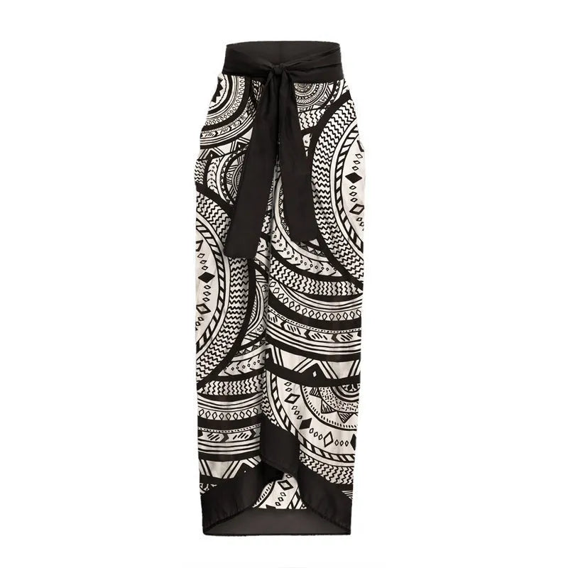 Vintage printed deep V ruffled one-piece swimsuit for women with matching wrap skirt