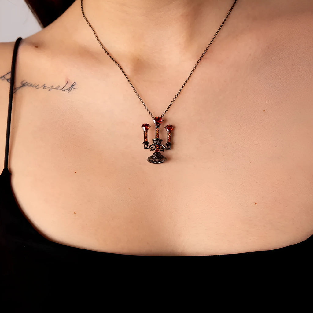 Retro Gothic zinc alloy clavicle chain with hollow candlestick pendant and cross chain in antique colour