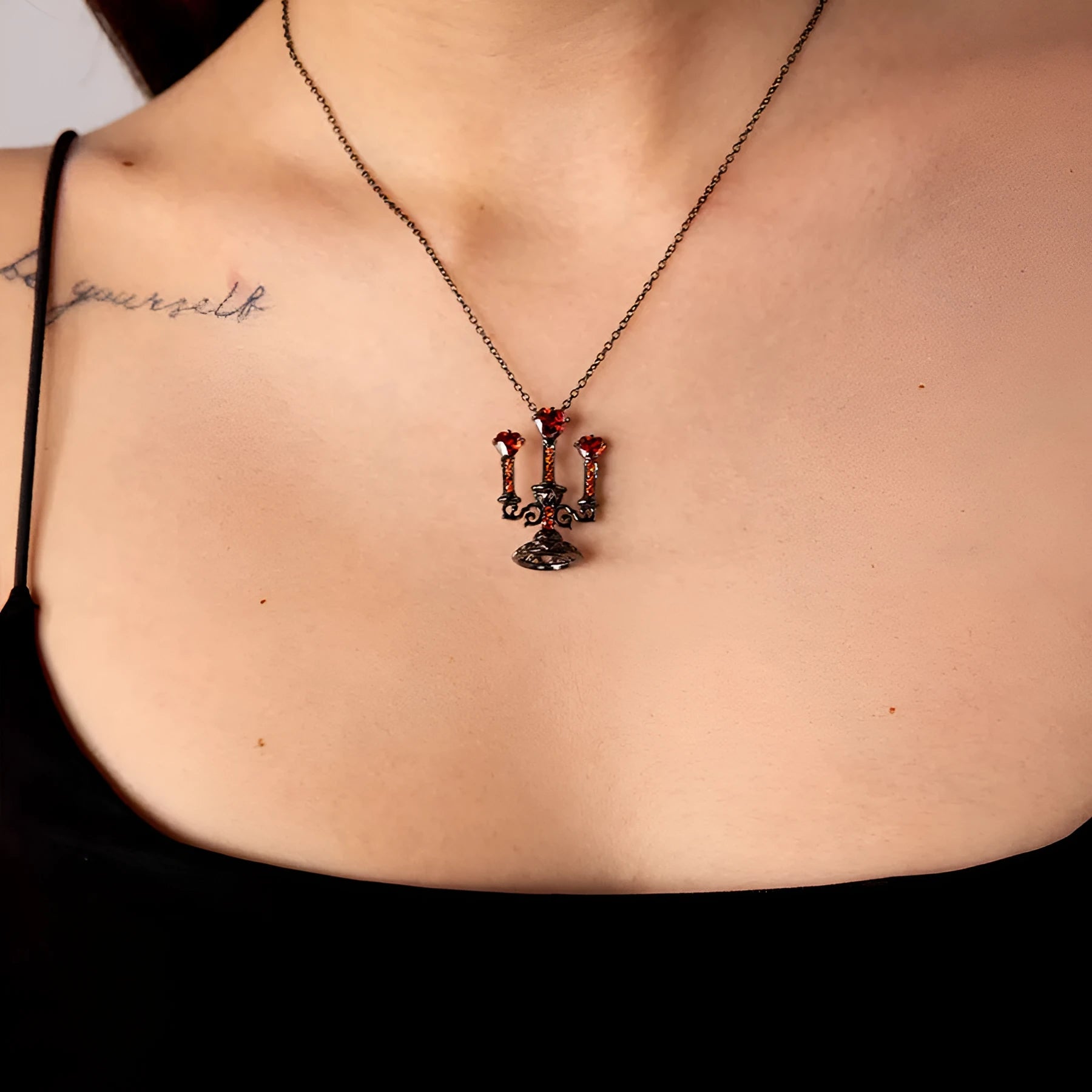 Retro Gothic zinc alloy clavicle chain with hollow candlestick pendant and cross chain in antique colour