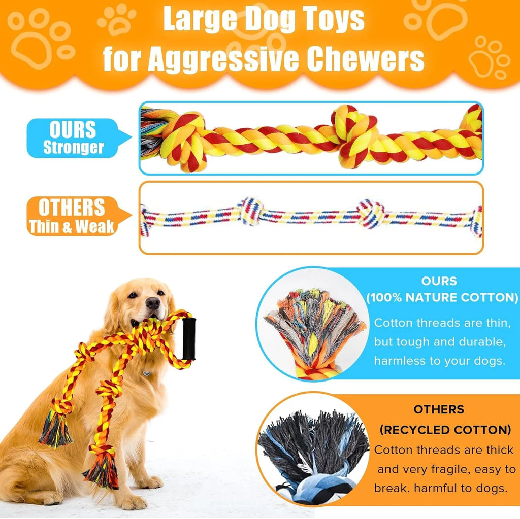 Blue and yellow woven cotton rope dog toy with a non-slip handle for tug-of-war games.