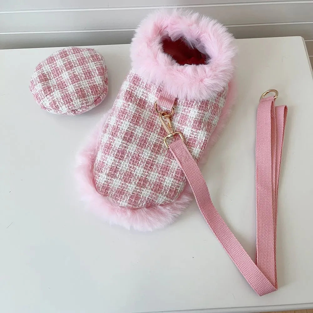 Pink polyester pet cloak set with beret and traction rope for small cats and dogs
