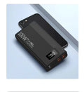 Black and white large capacity power bank with fast charging, showing size comparison