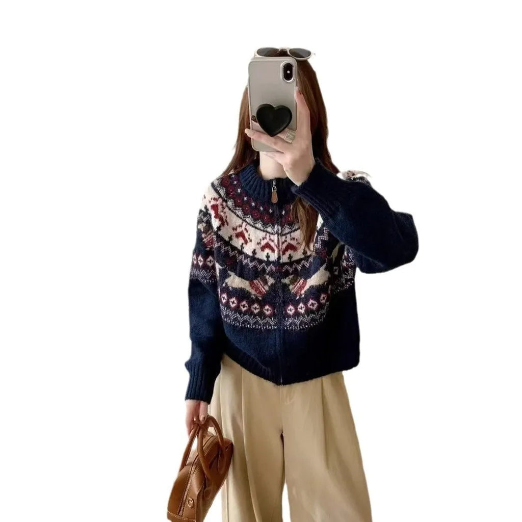 Ethnic style jacquard pullover sweater with 3D pattern in beige apricot colour